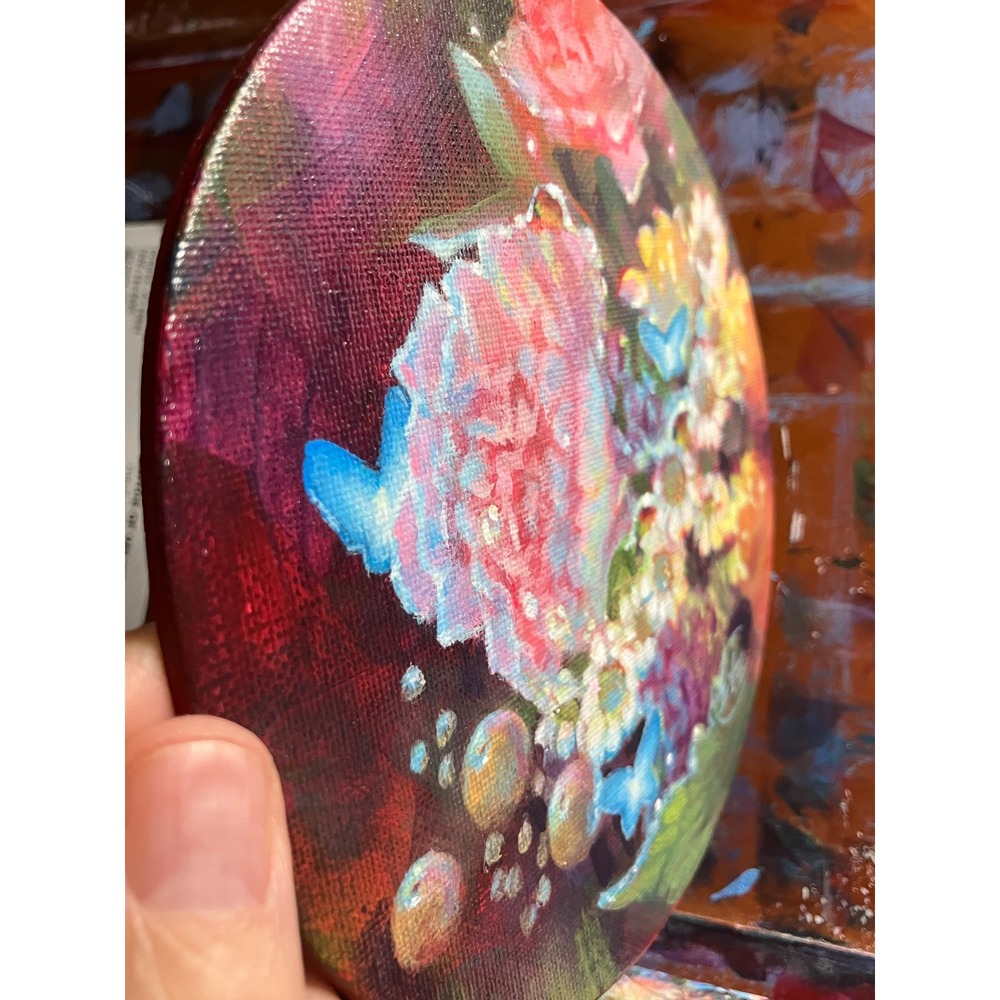 Artettina Original Floral Butterfly painting round art flower surreal Bouquet US - Picture 3 of 8